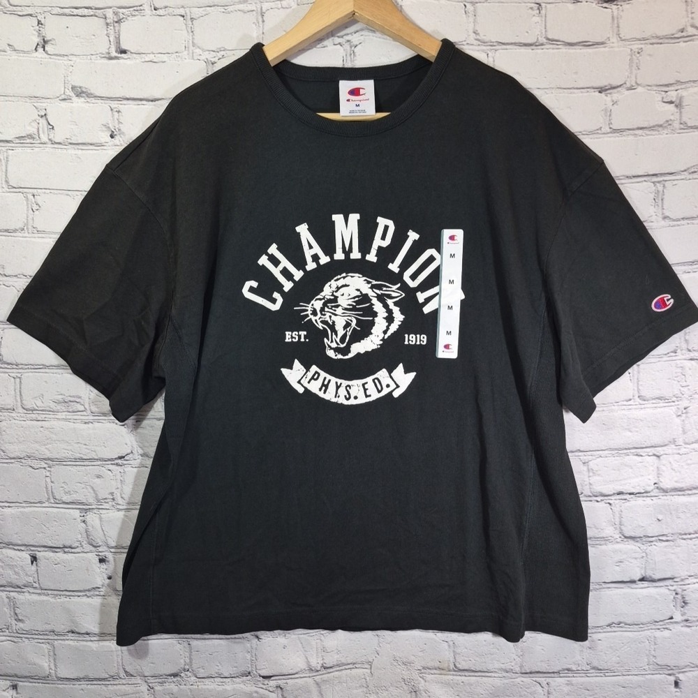 Champion Phys Ed Cougar Graphic Tee Mens M Black Spellout‎ Logo T-Shirt NWT